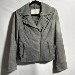 Womens Gray Green Leather Moto Jacket Distressed Reptile Embossed Grunge 40